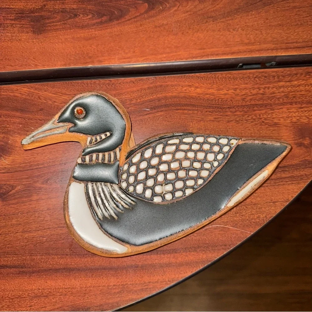Victoria Little John Signed Decorative Ceramic Loon Trivet with Leather Cord